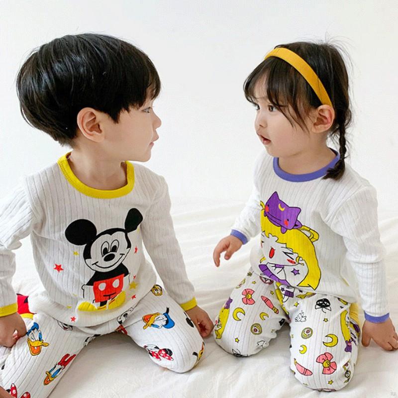 IU Baby Kids Girls Boys Cartoon Mickey Pincess Print Sleepwear Long Sleeve Blouse Casual Long Pants Set