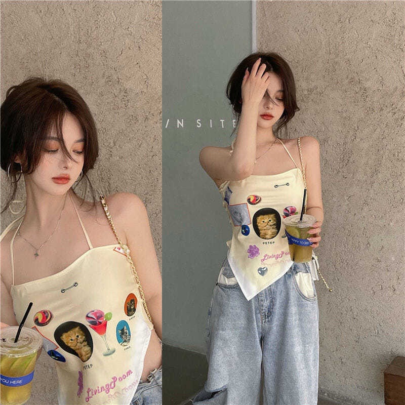 Áo Hai Dây In Họa Tiết Mèo Phong Cách Hàn Quốc Thời Trang Mùa Hè Quyến Rũ Cho Nữ