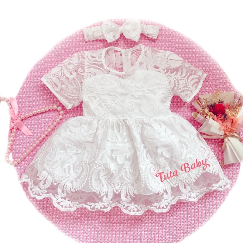 Váy Cho Bé Gái Ren Trắng Đính Ngọc, Váy Bé Gái Kèm Turban Xinh Yêu