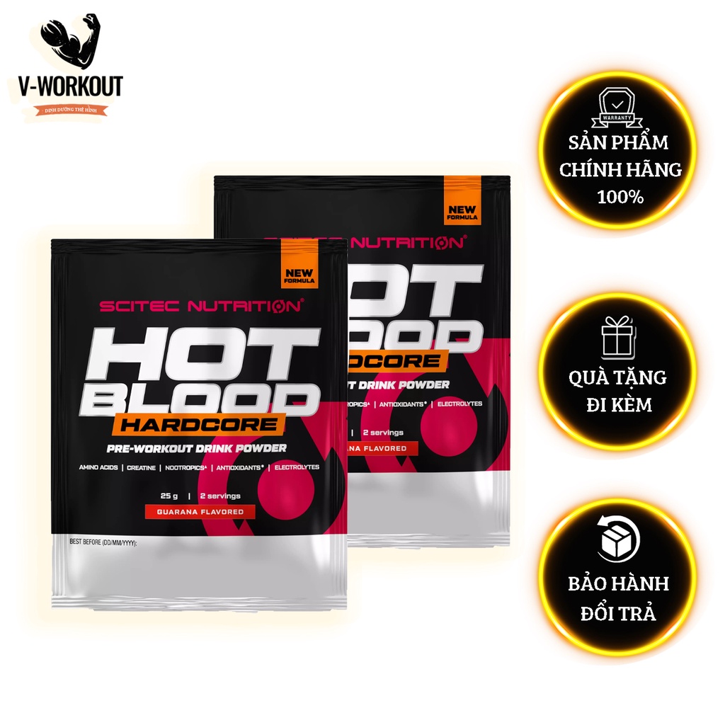 Pre-Workout | HOT BLOOD HARDCORE SCITEC| Sample 25g| Hỗ trợ tập luyện, tăng sức mạnh, sự tập trung, tập không kiệt sức.