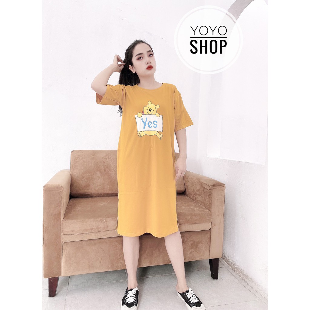 Đầm thun suông bigsize cho nữ tay lỡ cổ tròn xẻ tà form từ 50-75kg in gấu pooh YoYo màu vàng