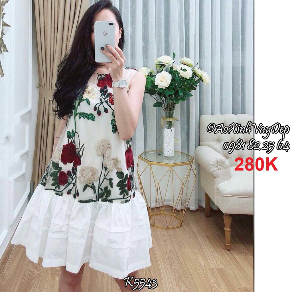 Đầm suông sát nách thêu hoa kèm đầm lót thun 2 dây (trắng)