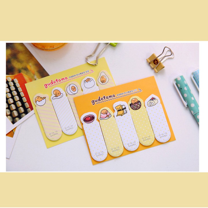 HCM - Vỉ bookmark giấy 5 tệp họat hình trứng ốp la Gudetama chặn sách kiêm ghi chú note