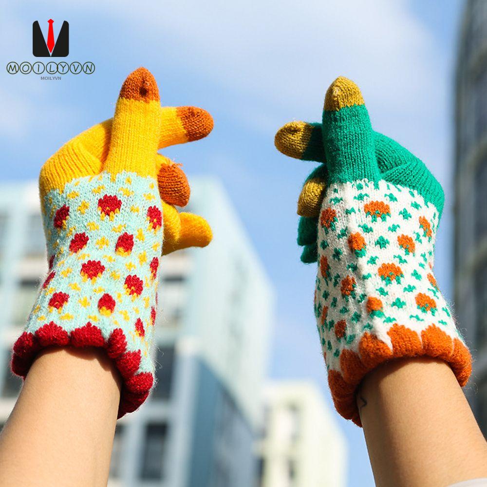 Đôi găng tay dệt kim dày giữ ấm mùa đông thiết kế dễ thương có thể dùng màn hình cảm ứng cho nữ