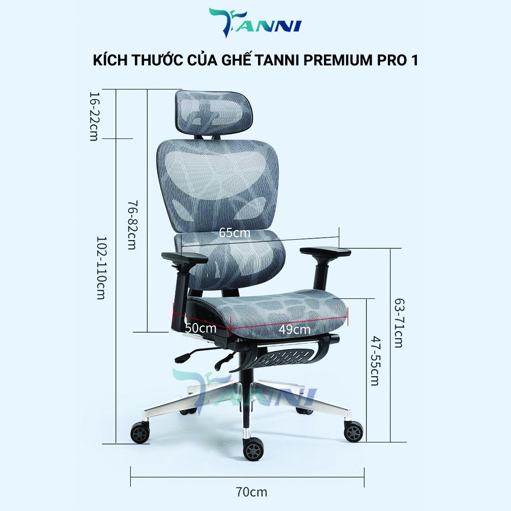 Ghế Xoay Văn Phòng Công Thái Học Châu Âu Cao Cấp Có Ngả Lưng TANNI Premium Pro1, Ghế Xoay Làm Việc Ergonomic Nhập Khẩu