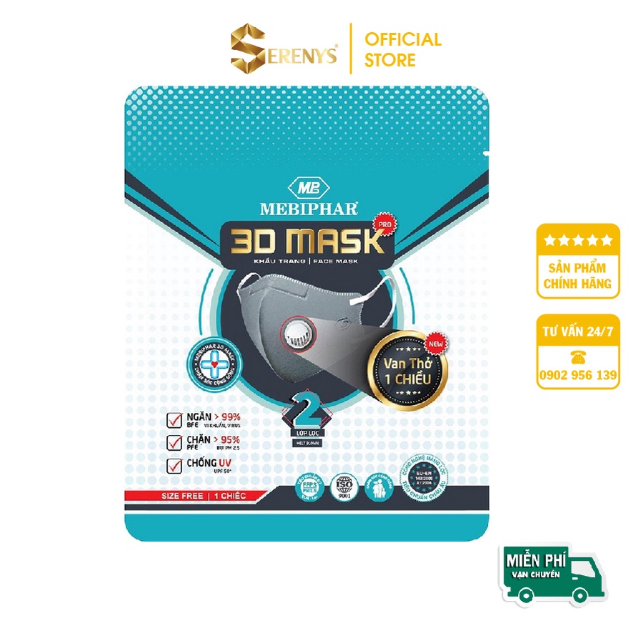 [CHÍNH HÃNG] Khẩu trang 3D Mask Pro Mebiphar CAO CẤP màu Trắng gói 1 cái_Serenys Shop