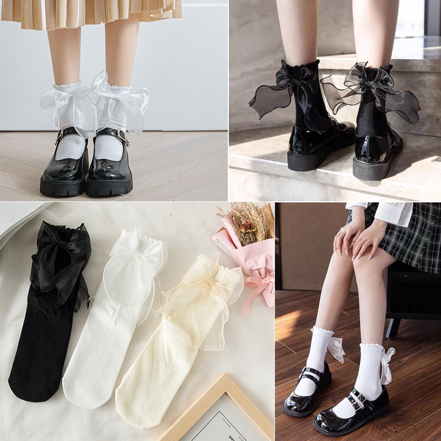Tất đính nơ voan Lolita cổ ngắn tiểu thư Hàn Quốc chất len đẹp trắng đen be nữ nhiều màu