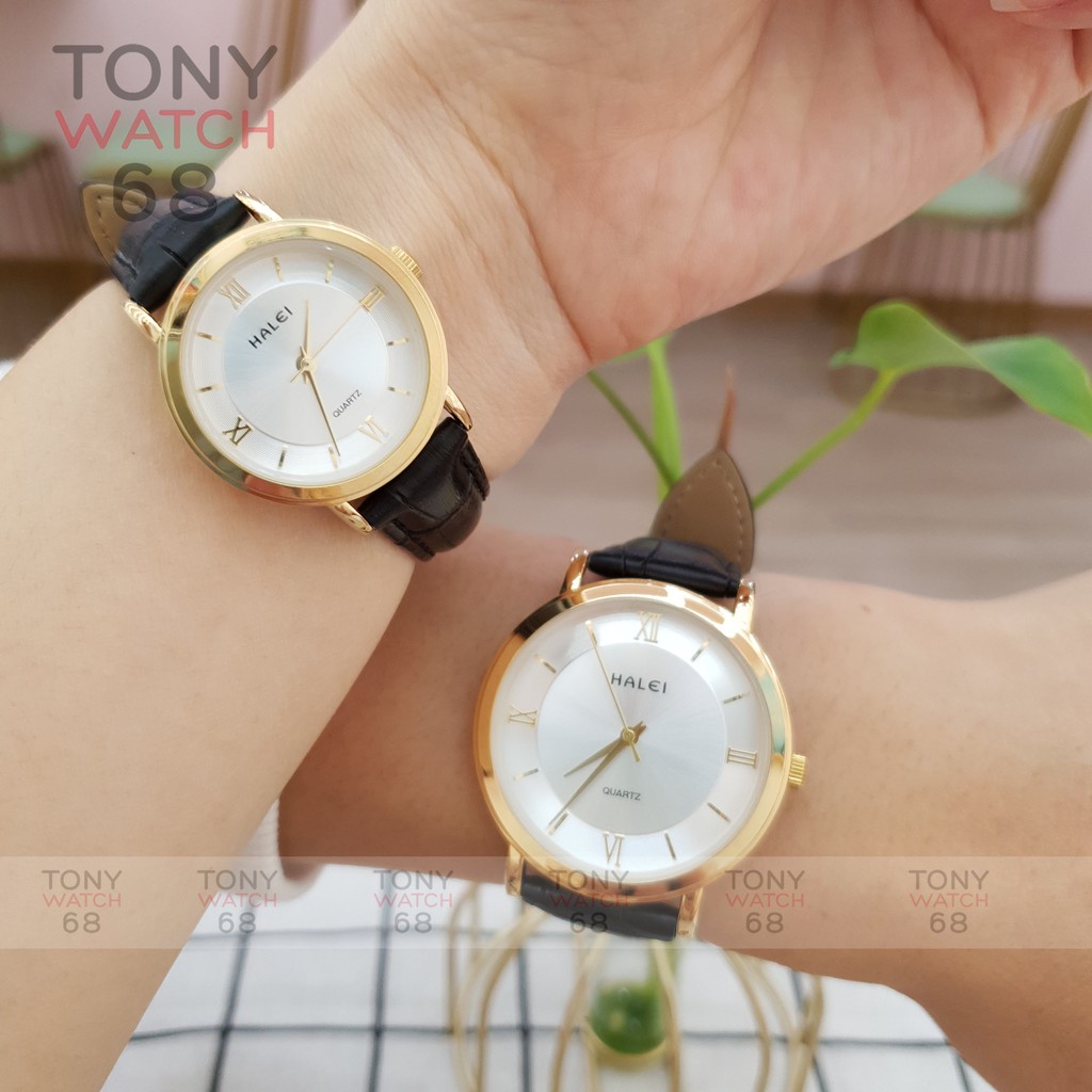 Đồng hồ nữ Halei dây da mặt vân đồng tâm viền mạ vàng chống nước chính hãng Tony Watch 68