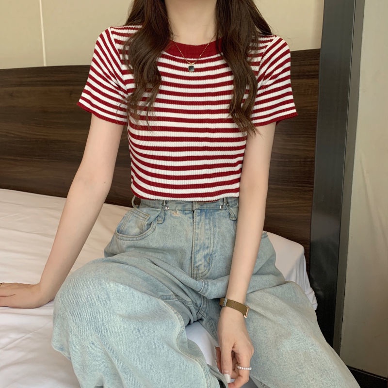 Áo Thun Dệt Kim Tay Ngắn Dáng Ôm In Họa Tiết Kẻ Sọc Thời Trang Mùa Hè 2022 Cho Nữ