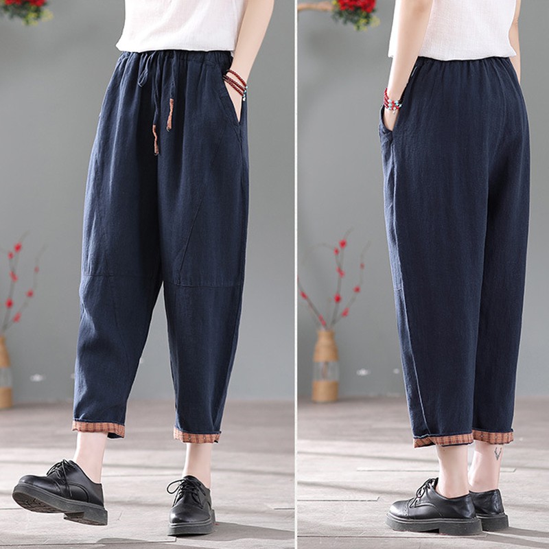 Quần đũi nữ dáng baggy lưng cao phối dây chun Unisex - Màu Trắng Than Cam Nâu - vải đũi xước - Phong cách Ulzzang