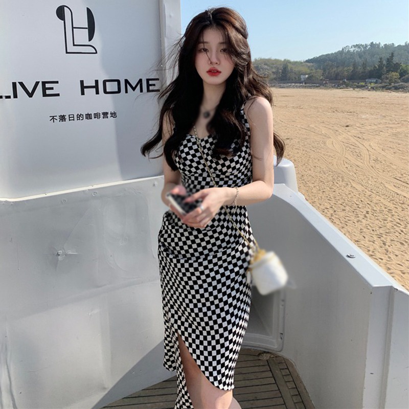 Đầm Hai Dây Dáng Ôm Họa Tiết Sọc Caro Phong Cách Hàn Quốc Thời Trang Mùa Hè Xinh Xắn Cho Nữ