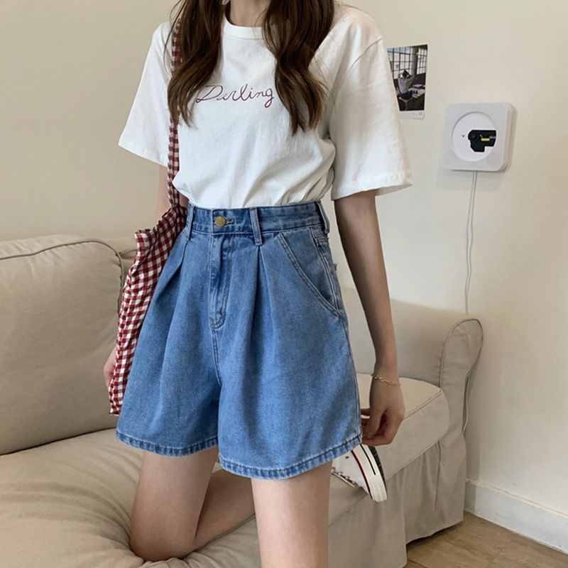 Quần Short Denim Lưng Cao Ống Rộng Thời Trang Dành Cho Nữ