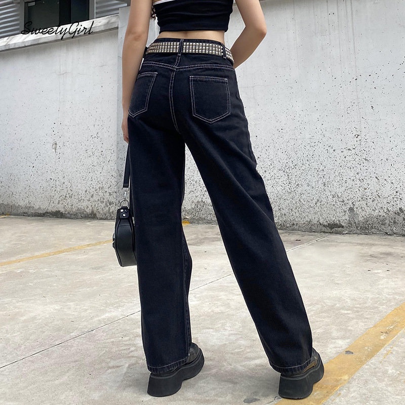 Quần Jean Ống Rộng Lưng Thấp Màu Đen Trơn Thời Trang 2022 Dành Cho Nữ