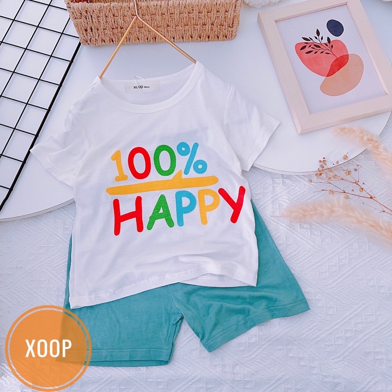 Bộ cộc tay chất thun lạnh- Bộ cộc tay xoop in họa tiết 100% happy cho bé (2045)
