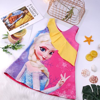 Đầm chữ A in 3D công chúa Elsa phối bèo xinh xắn cho bé