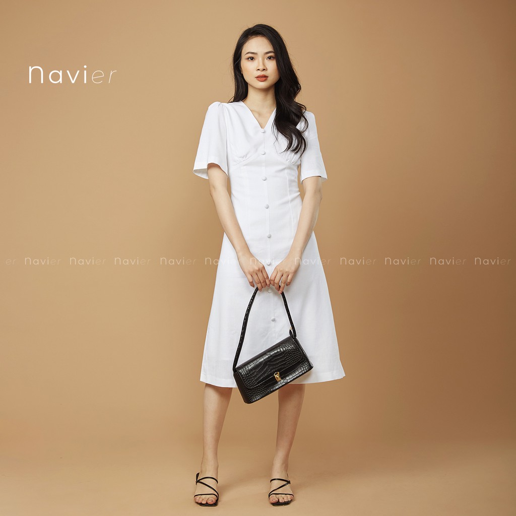 ĐẦM DÀI TAY PHỒNG DÁNG ÔM - VÁY THIẾT KẾ CỔ V CÔNG SỞ ĐI CHƠI DỰ TIỆC LINEN DRESS D03 NAVIER | BigBuy360 - bigbuy360.vn