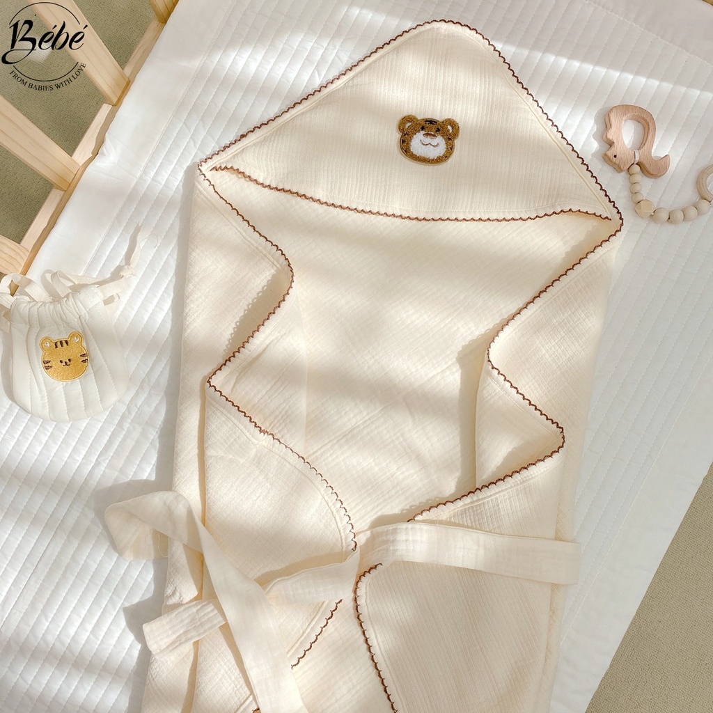 BéBé - Set Bộ Chăn, Gối Đầu, Chăn Ủ Viền Zigzag Họa Tiết Mặt Hổ Cho Bé
