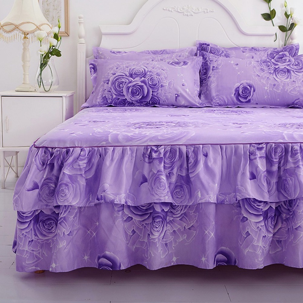 Ga giường vải polyester họa tiết hoa lãng mạn phối bèo nhún xinh xắn