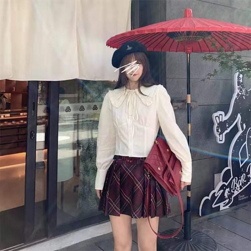 Set đồ phong cách nữ sinh tông đỏ cổ điển - Áo sơ mi trắng bo eo - Áo gile điệu - Chân váy xòe ly caro