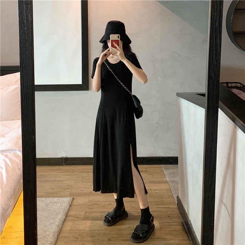 Đầm Thun Màu Trơn Thiết Kế Xẻ Tà Phong Cách Hàn Quốc Cho Nữ