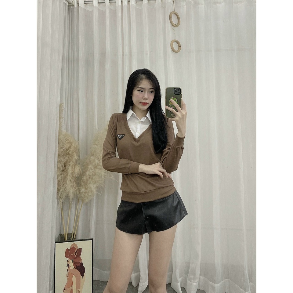 Áo gile nữ cổ V nỉ cotton kèm áo sơ mi trắng dài tay Siêu Hot