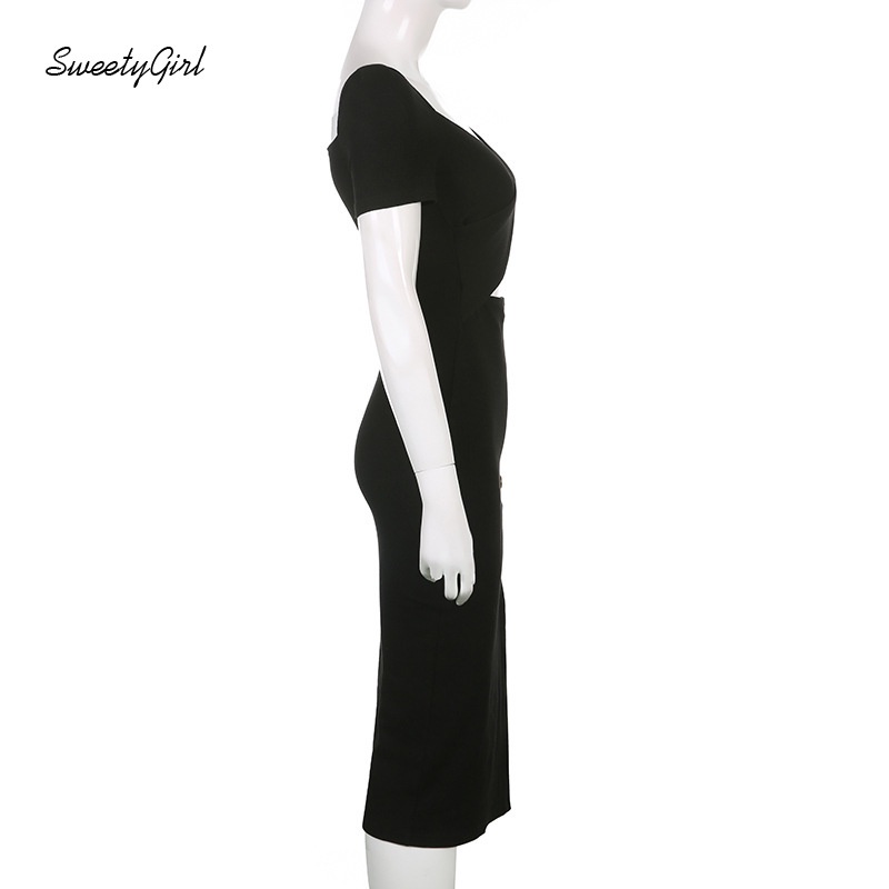 Đầm Midi Tay Ngắn Cổ Chữ V Màu Trơn Phối Nút Thời Trang Cho Nữ