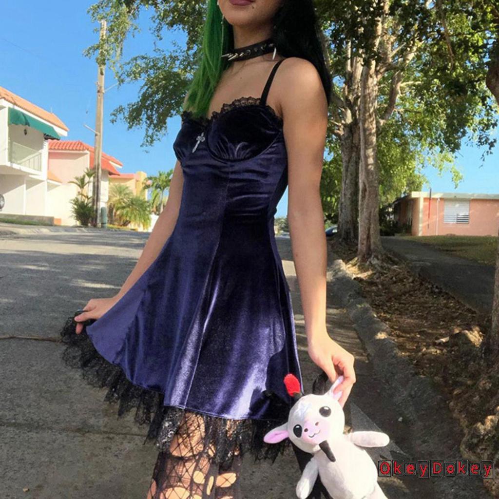 Đầm nhung hai dây cổ chữ V viền ren thắt nơ thời trang cho nữ