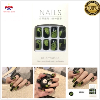 Bộ 24 Móng Tay Giả Màu Đen/Xanh Lá Chống Thấm Nước Có Thể Tháo Rời