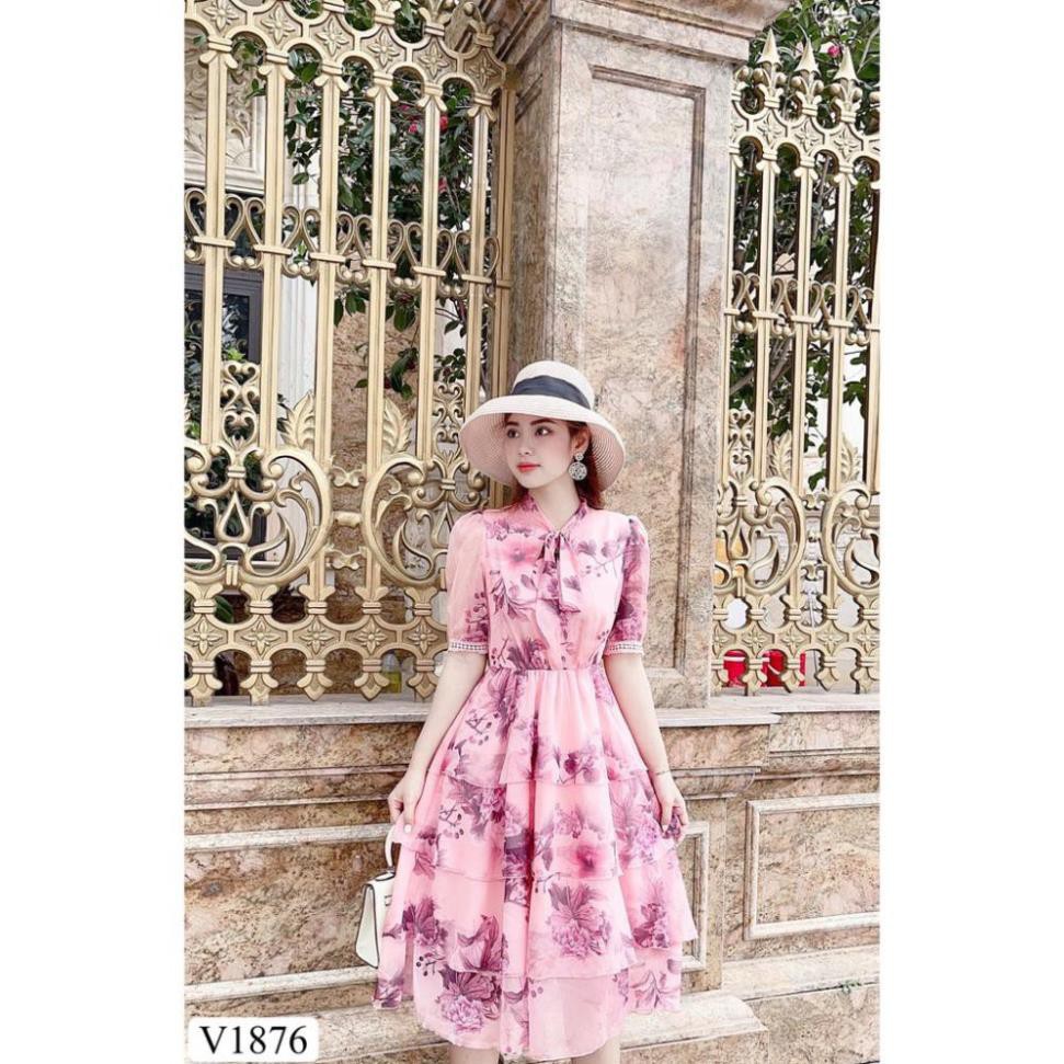 Váy hoa xếp tầng nơ cổ V1876 - Đẹp Shop DVC - Kèm ảnh thật trải sàn do shop tự chụp