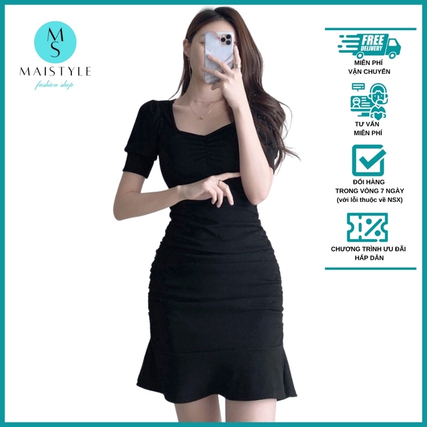 Váy MAISTYLE Đầm ôm body sexy dự tiệc cổ vuông công sở đen tay phồng thiết kế sang chảnh nhún eo cá tính thun MY1101 | BigBuy360 - bigbuy360.vn