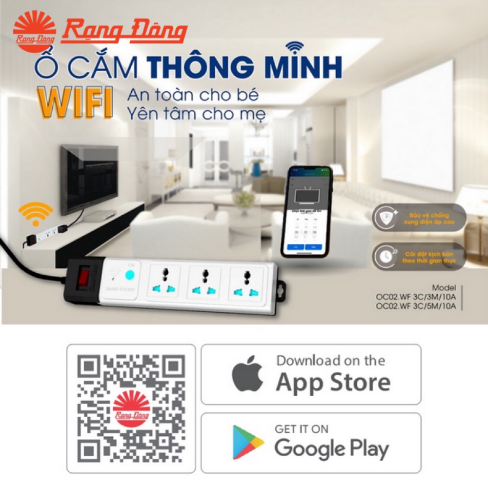 Ổ Cắm Thông Minh Wifi Rạng Đông OC02.WF - 3 lỗ 3 chấu - dây dài 3m đến 5m - Chức Năng Hẹn Giờ, Điều Khiển Từ Xa