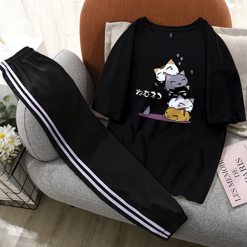 Sét Bộ xinh mặc ở nhà Áo form rộng oversize + quần thể thao chất liệu Cotton mềm mát dễ thương