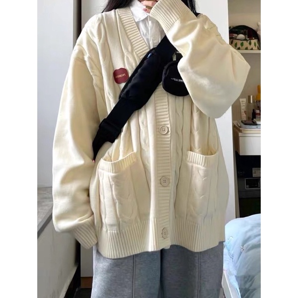 SẴN Áo len cardigan len lông siêu dày siêu ấm form rộng Oversize unisex nam nữ có túi huy hiệu thu đông