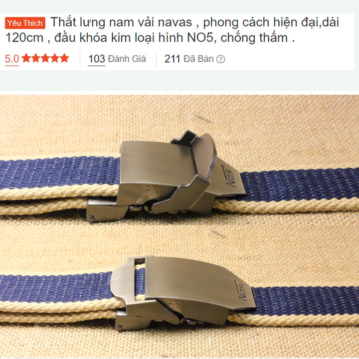 Thắt lưng nam vải navas , phong cách hiện đại,dài 120cm , đầu khóa kim loại hình NO5, chống thấm .