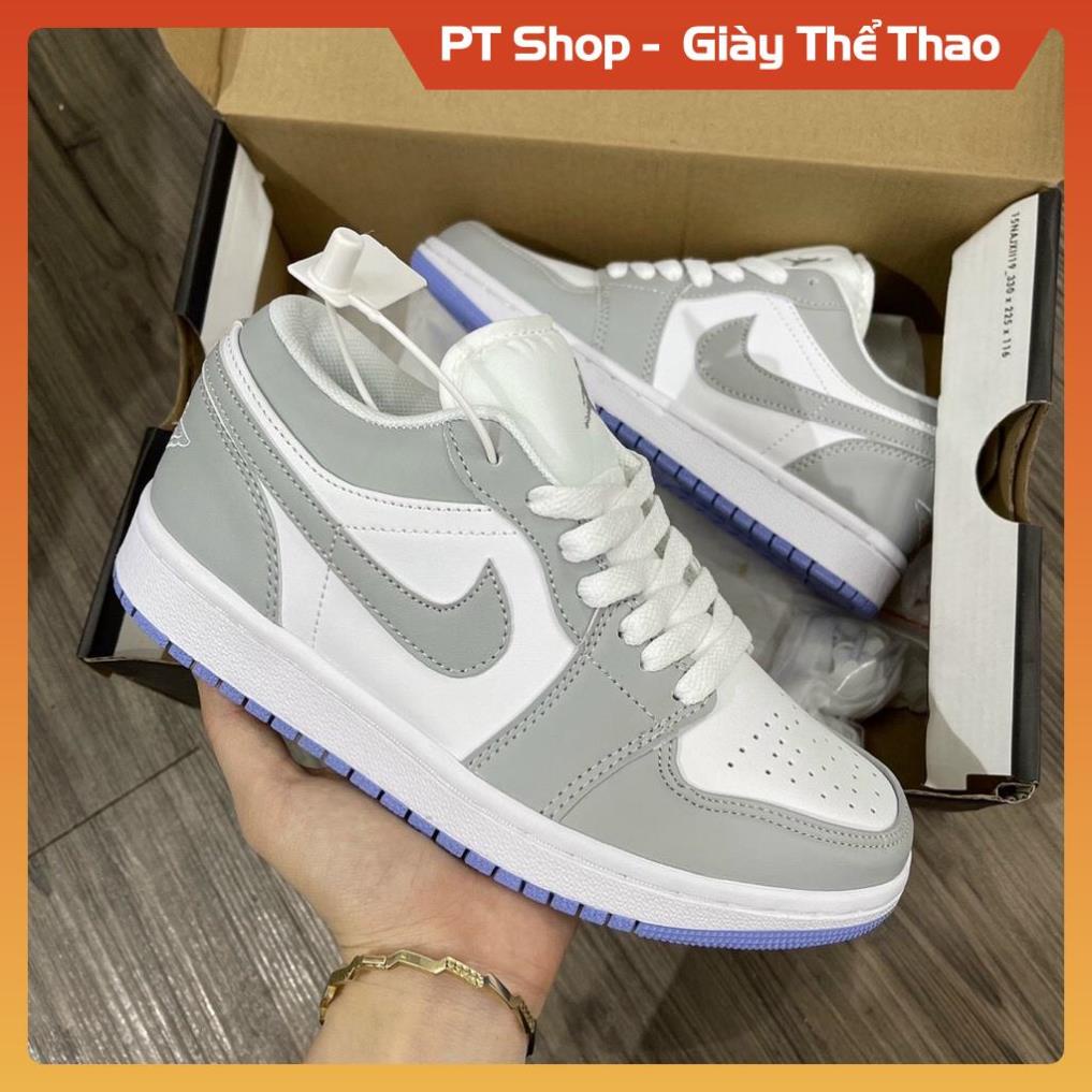 Giày Jordan xám trắng thấp cổ đủ phụ kiện , Giầy sneaker thể thao JD1 ghi đế tím