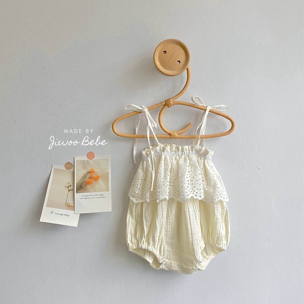 [Hàng Thiết Kế] Bodysuit 2 Dây Phối Ren Cho Bé Gái - Bộ Liền Thân Chất Xô Muslin Mềm Mại Cho Bé