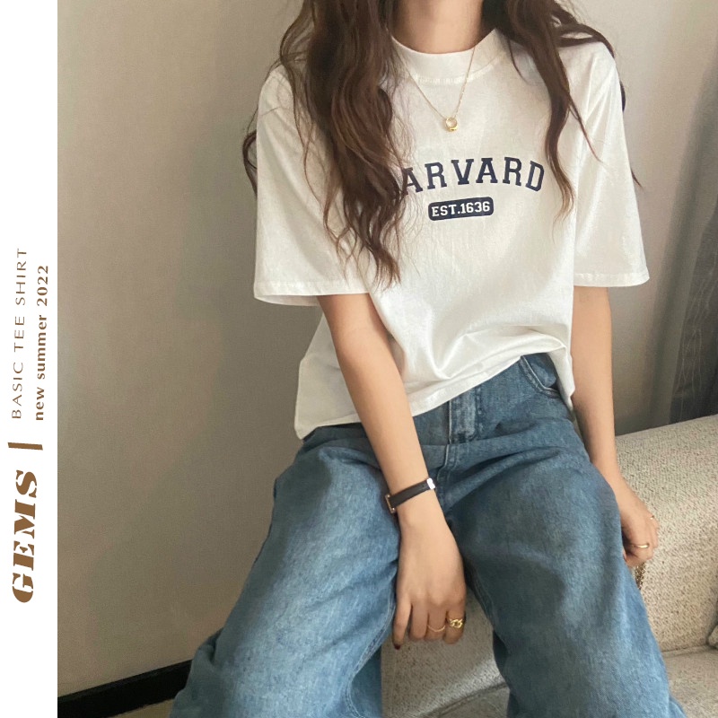 Áo Phông Chữ HARVARD 3158 Dáng Rộng Tay Lỡ Không Dãn Basic by Gem Style