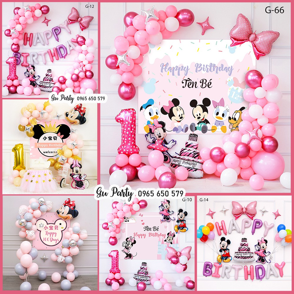 Set Bóng Sinh Nhật Bé Gái Chủ Đề Chuột Minnie Hồng