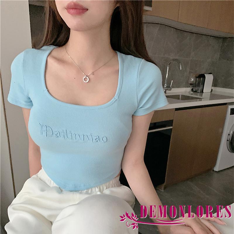 Áo Croptop Dệt Kim Tay Ngắn Cổ Vuông Thêu Chữ Thời Trang Mùa Hè Cho Nữ