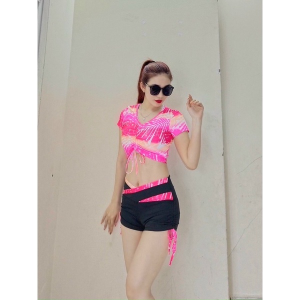 Set bộ đồ tập áo croptop quần đùi rút dây cạp V tập gym, nhảy aerobic, zumba,thể dục,đồng phục,nhảy dân vũ nữ