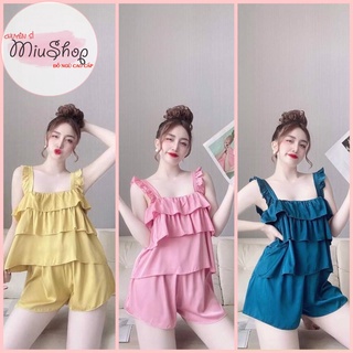 ✅ 3 tầng đùi lụa satin✅⚛ giá rẻ ⚛ đồ bộ lụa satin 2 dây cánh tiêng áo xếp bèo tầng quần đùi đồ ngủ mặc nhà cao cấp