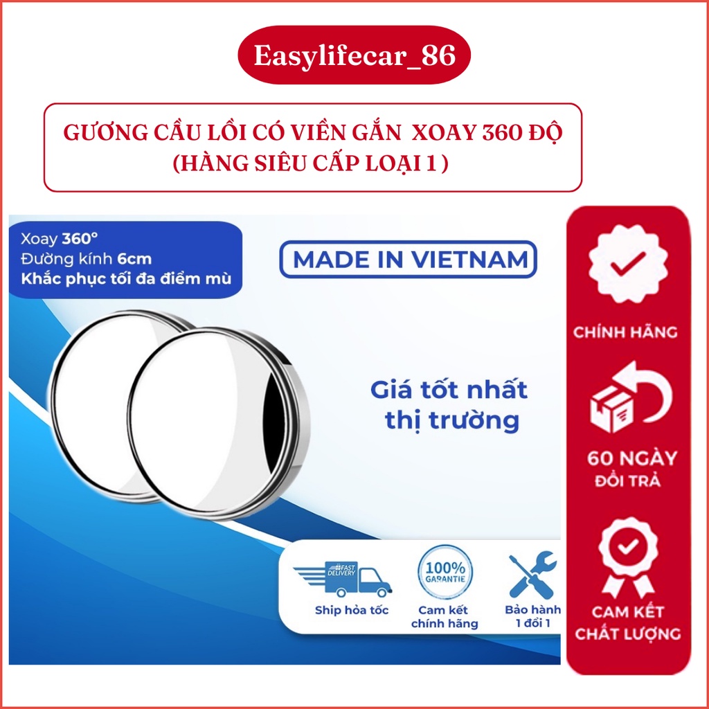 Phụ Kiện Xe Ô Tô Easylife_car86 Gương Cầu Lồi Có Viền Gắn Kính Hậu - Gương Lồi Xoay 360 Độ Xóa Điểm Mù Tráng Bạc ôto
