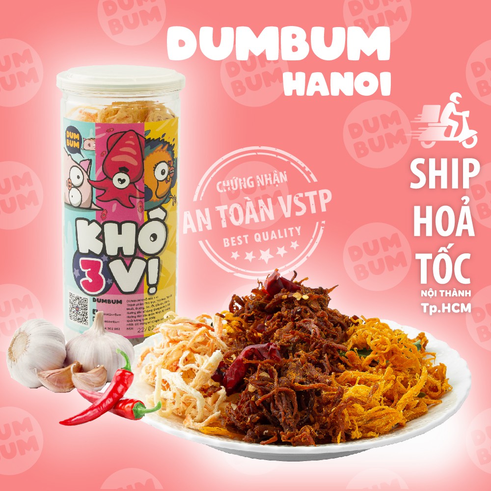 Khô gà mix Khô mực, heo DumBum, 3 vị trong 1 hộp 300g, đồ ăn vặt Hà Nội, vừa ngon vừa rẻ