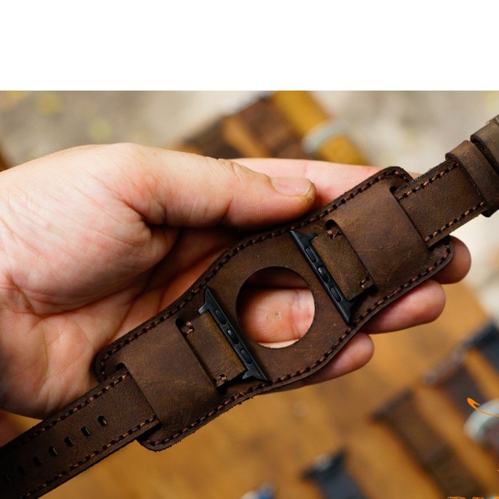 Dây Apple Watch , iWatch , iphone Watch da bò nâu đất kèm tấm đệm chống mồ hôi RAM Leather Bundstrap b2 kiểu quân đội