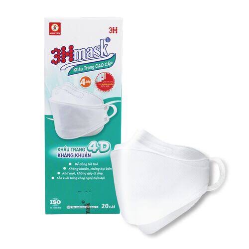 Hộp 20 cái Khẩu trang 4D Vĩnh Tiến 3HMask quai dẹp chống đau tai - Hàng chính hãng