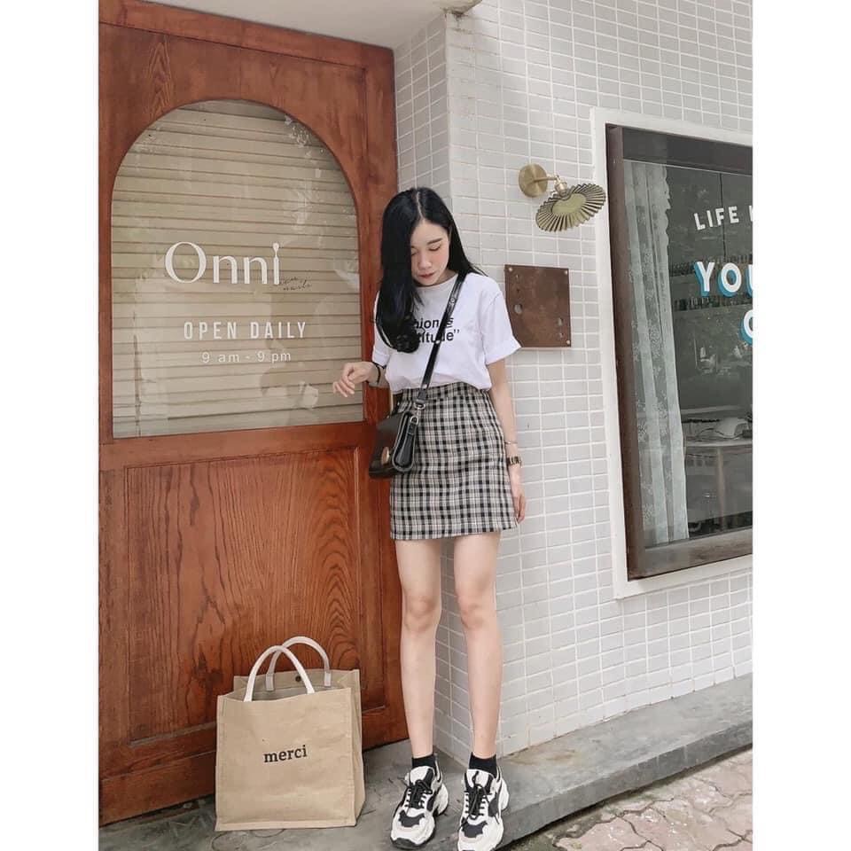 Set áo thun FASHION phối chân váy kẻ ulzzang dáng ngắn/ Set bộ áo chân váy dáng suông thời trang nữ_xuongmaythuhien