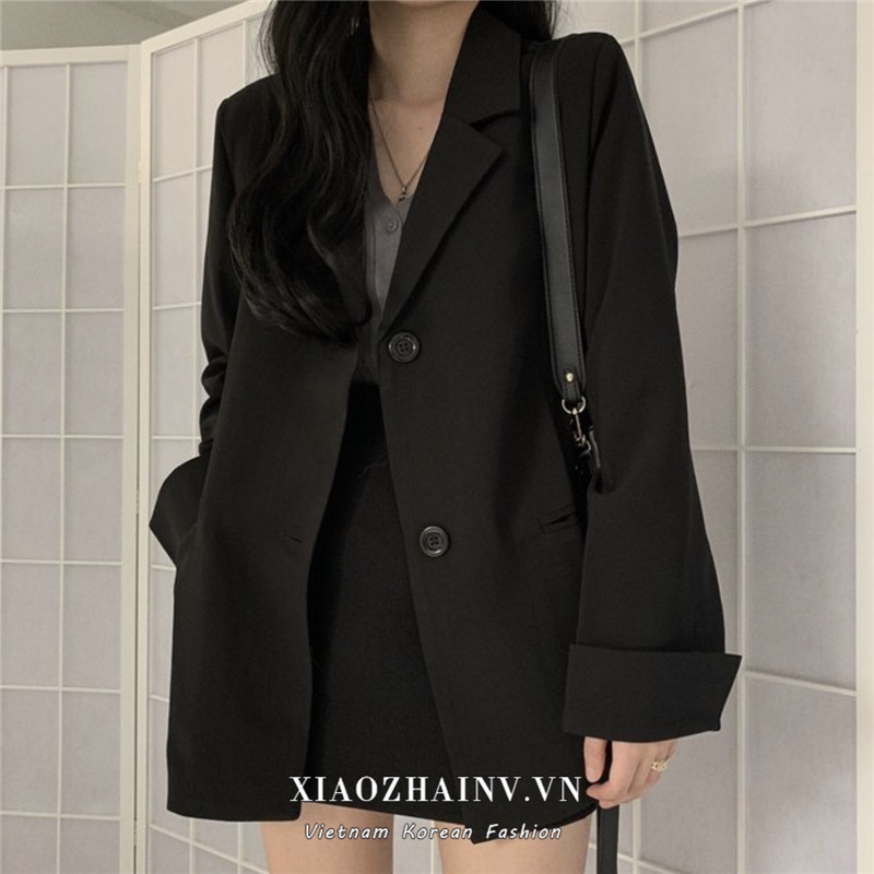 Xiaozhainv Áo khoác blazer dáng rộng tay dài màu đen phong cách Hàn Quốc cá tính thời trang cho nữ | BigBuy360 - bigbuy360.vn