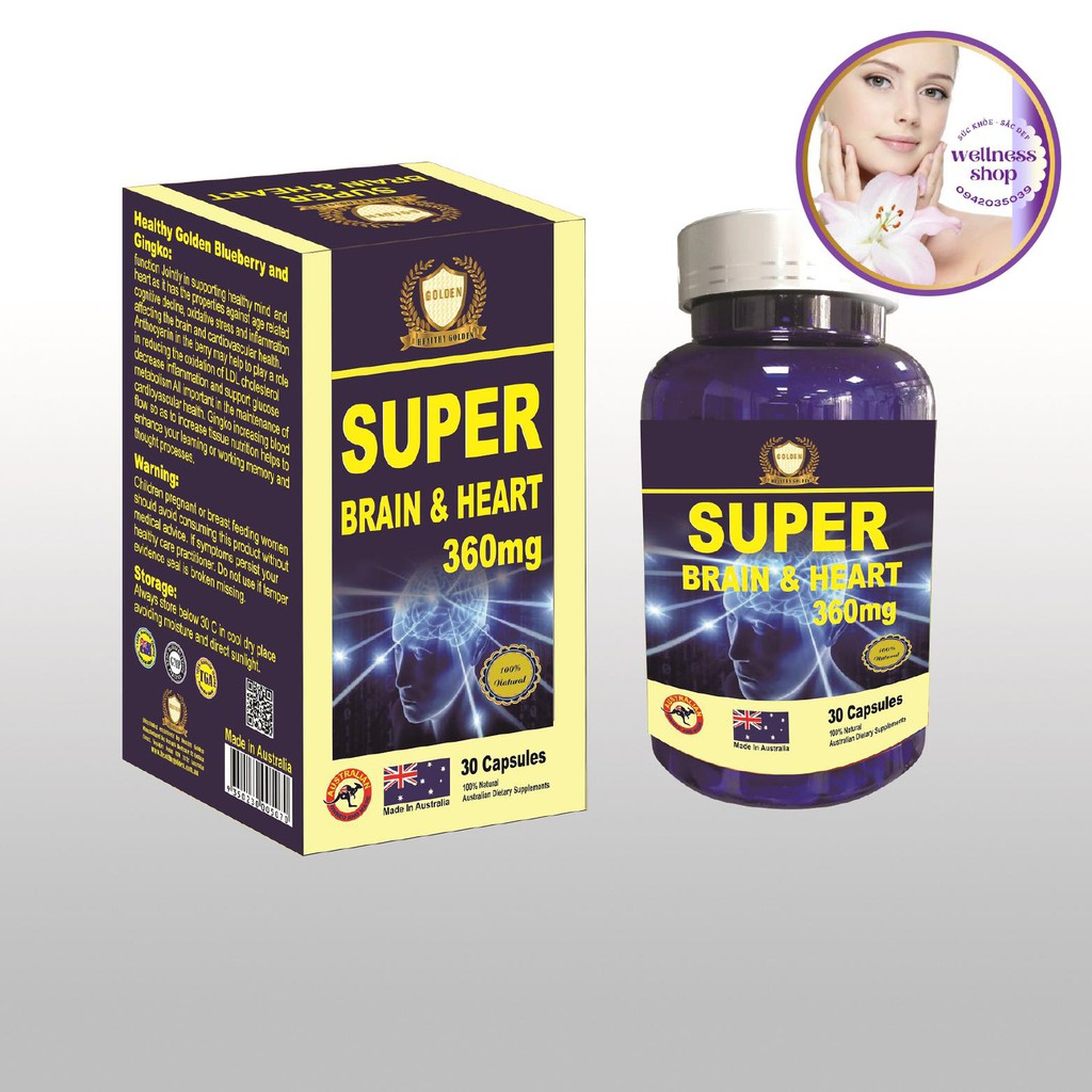 Viên uống bổ não, lưu thông khí huyết, giảm đau đầu, chóng mặt ù tai, mất ngủ - Super Brain & Heart 360mg/ Gingko Biloba
