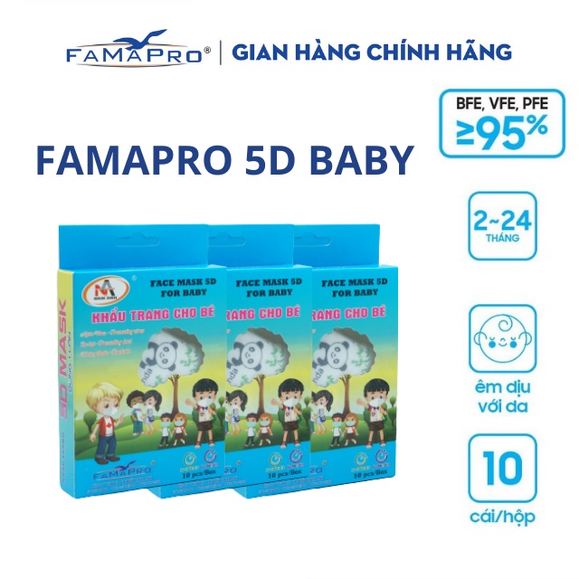 [5D BABY-COMBO 3- HỘP 10 CÁI] Khẩu trang y tế trẻ em 3 lớp kháng khuẩn Famapro 5D BABY HỌA TIẾT