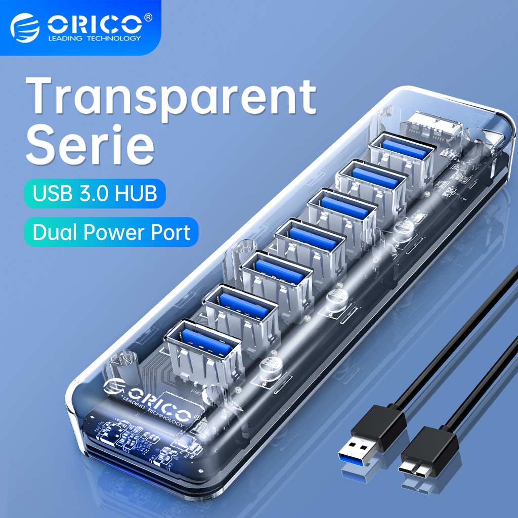 Hub ORICO F7U-U3 7 cổng USB 3.0 vỏ trong suốt công tắc bật/ tắt dành cho máy tính
